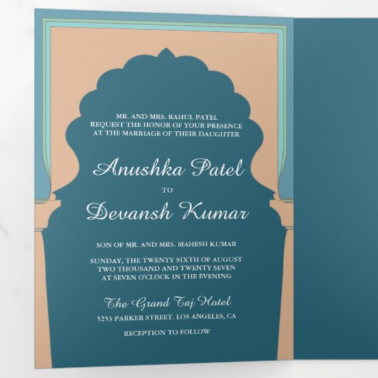  blauw Traditional Indian Arch Bruiloft Drieluik Uitnodiging (Binnenzijde eerst)