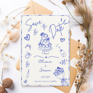 Blauw Trendy Hand getrokken krabbelplezier Sla de Kaart