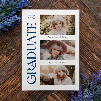Blauw Trendy Serif Meerdere Foto Afstuderen Aankondiging