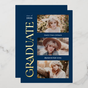 Blauw Trendy Serif Meerdere Foto Afstuderen Folie Uitnodiging