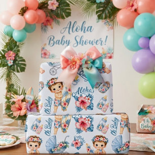 Blauw Tropisch Aloha Baby Shower Nieuwgeborene Cadeaupapier