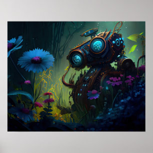 Blauw Tropisch Bos Bloemen Robot Poster
