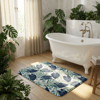 Blauw Tropisch Botanisch Bladpatroon – Elegant Badmat