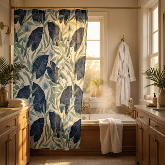 Blauw Tropisch Botanisch Bladpatroon – Elegant Douchegordijn