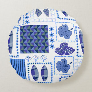 Blauw Tropisch Surfplank Hibiscus Patroon Rond Kussen