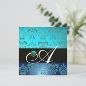 BLAUW TURQUASE BLACK CHAMPAGNE DAMASK MONOGRAM KAART (Staand voorkant)