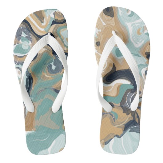 Blauw, Turquoise en Goud Swirled Marmer Teenslippers (Voetbed)
