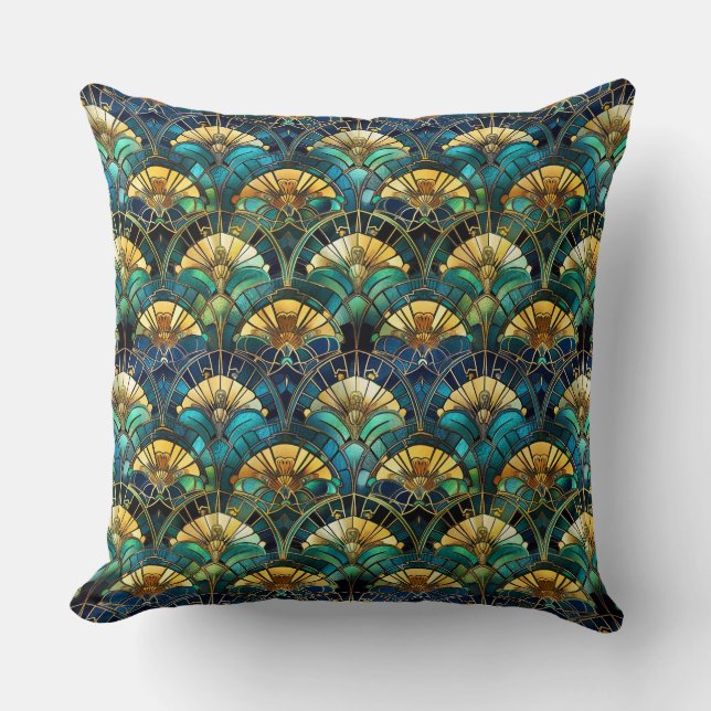 Blauw, turquoise en gouden pauw glas-in-lood kussen (Voorkant)