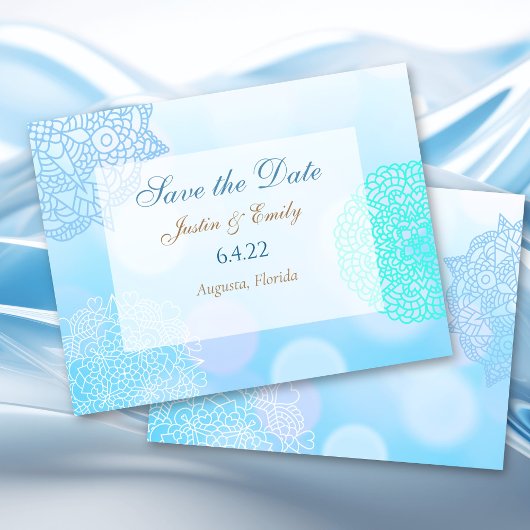 Blauw, Turquoise en Witte Mandala Save the Date Hu Kaart