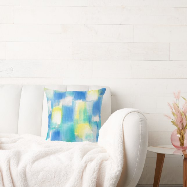 Blauw Turquoise Geel Wit Modern Abstract Kussen (Bank)