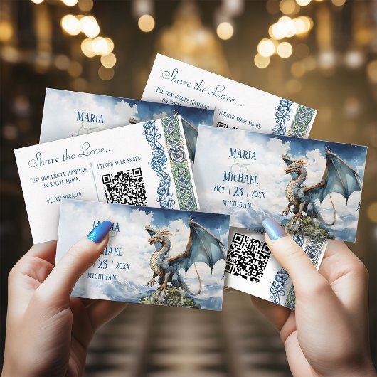 Blauw Turquoise Keltische Draak QR Code Huwelijk Informatiekaartje
