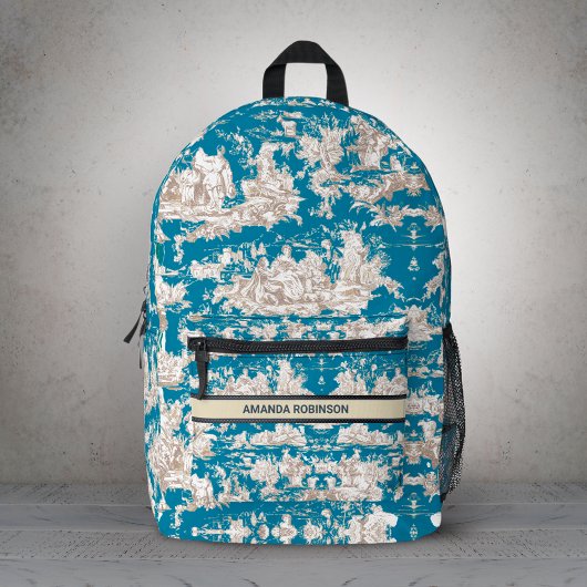 blauw turquoise toile de jouy monogram dopp bedrukte rugzak