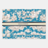 blauw turquoise toile de jouy monogram inpakpapier vel (Voorkant 2)