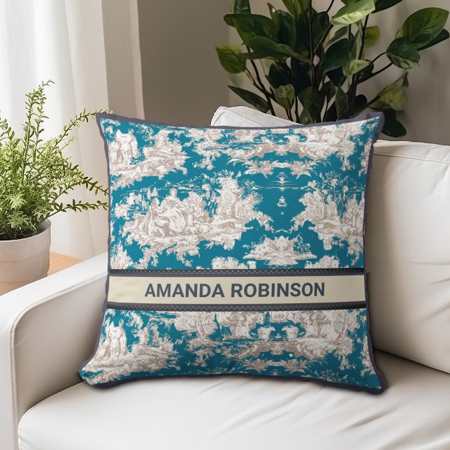  blauw turquoise toile de jouy monogram kussen (Creator heeft geüpload)