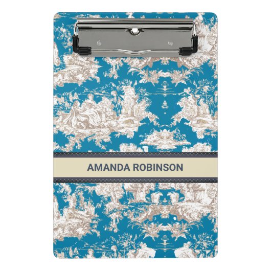 blauw turquoise toile de jouy monogram mini klembord (Voorkant)