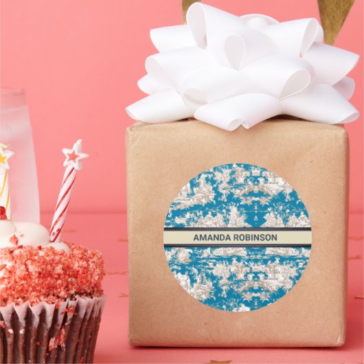  blauw turquoise toile de jouy monogram ronde sticker (Feest)