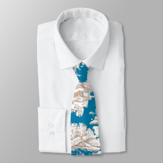  blauw turquoise toile de jouy monogram stropdas (Gebonden)
