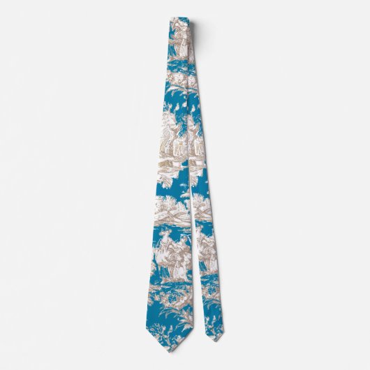  blauw turquoise toile de jouy monogram stropdas (Voorkant)
