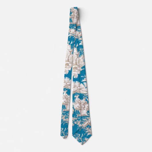  blauw turquoise toile de jouy monogram stropdas (Achterkant)