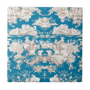  blauw turquoise toile de jouy monogram tegeltje