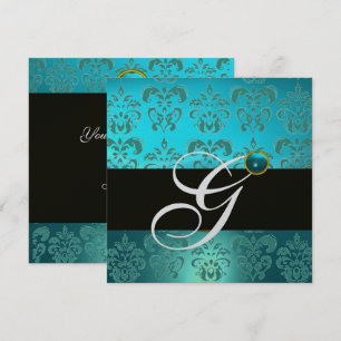 BLAUW TURQUOISE ZWART ZILVER DAMAST MONOGRAM KAART