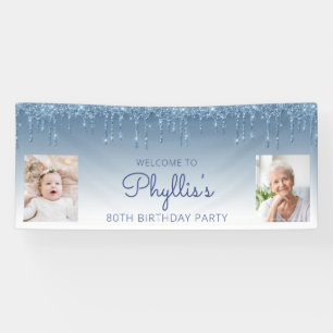 Blauw uitdrijven Glitter Twee Foto 80th Birthday Spandoek