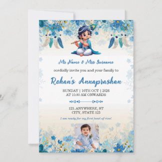 Blauw uitnodigingskaartje voor Annaprashan met kle Kaart