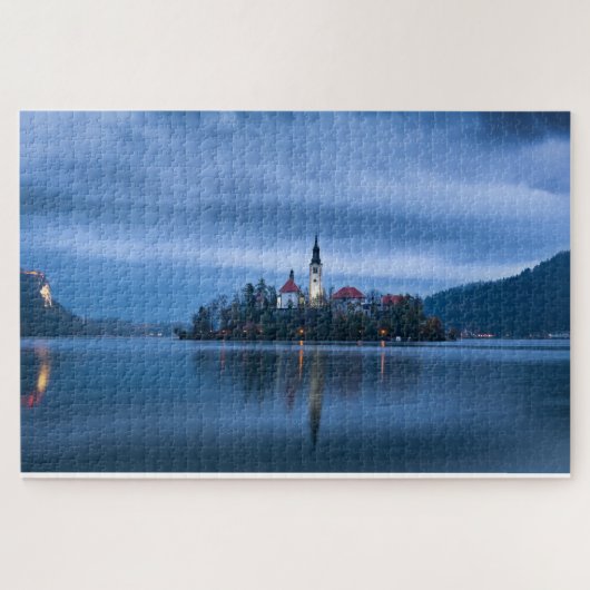 Blauw uur fotolandschap op het meer Bled (Slovenië Legpuzzel (Horizontaal)