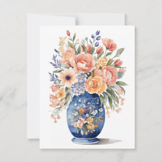 Blauw Vaas Bloem Boeket Waterverf Schilderen Kaart