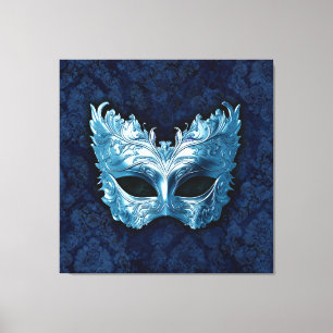 Blauw Venetiaans Masker op Blauwe Damast Achtergro Canvas Afdruk