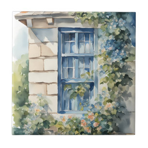 Blauw venster stenen muur cottage klimop tegeltje