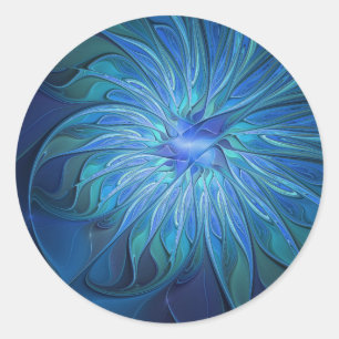 Blauw ventilatorpatroon, Abstracte fractale kunst Ronde Sticker