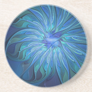 Blauw ventilatorpatroon, Abstracte fractale kunst Zandsteen Onderzetter