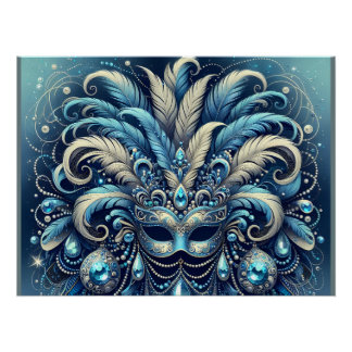 Blauw Veren Maskerade Masker Illustratie Perfect Poster
