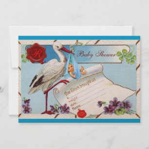 BLAUW VERGEET ME NOTS, STORK BABY SHOWER MONOGRAM KAART