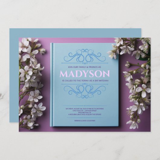 Blauw Verhaal Boek Hoesje Bat Mitzvah Party Kaart (Voorkant / Achterkant)