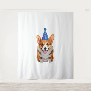 Blauw Verjaardag Corgi Klassiek T-shirt Wandkleed