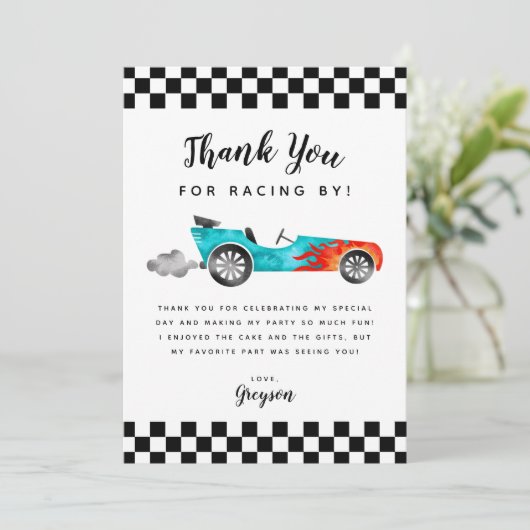 Blauw Verjaardagsfeestje Jongen Raceauto Bedankkaart (Staand voorkant)