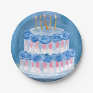 Blauw verjaardagstaart waterverf viering feest papieren bordje