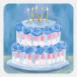 Blauw verjaardagstaart waterverf viering feest vierkante sticker