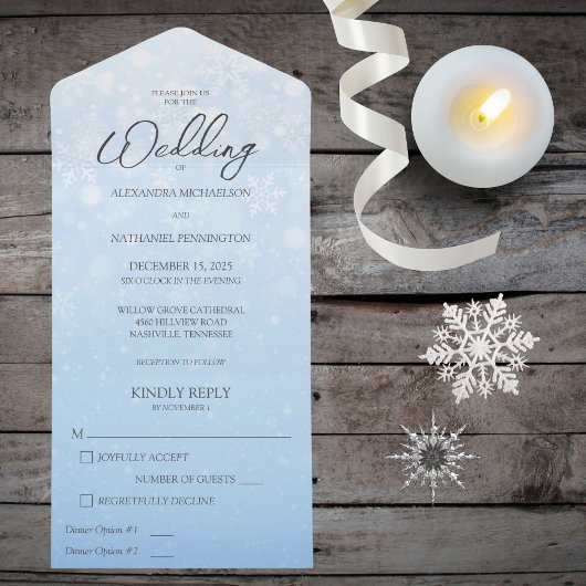 Blauw verloop met witte sneeuwvlokken all in one uitnodiging