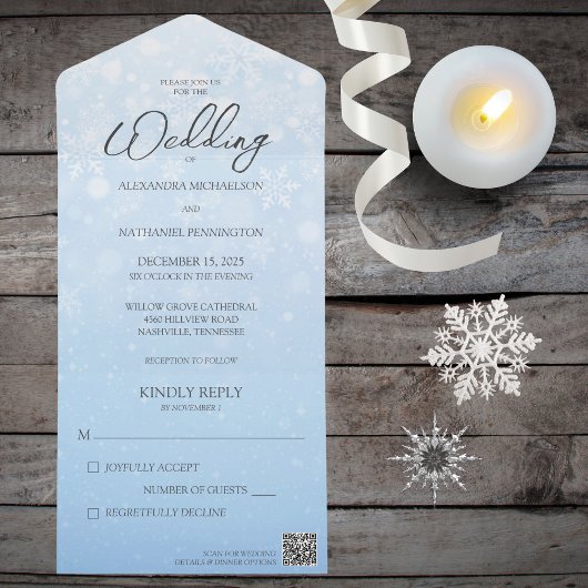 Blauw verloop met witte sneeuwvlokken en QR-code All In One Uitnodiging