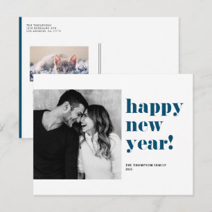 Blauw Vet Typografie Gelukkig Nieuwjaar Foto Feestdagenkaart