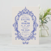 blauw Victoriaans barok Ornament bruiloft Kaart (Staand voorkant)