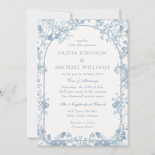 Blauw Victoriaans Bloemen Chinoiserie bruiloft Kaart (Voorkant)