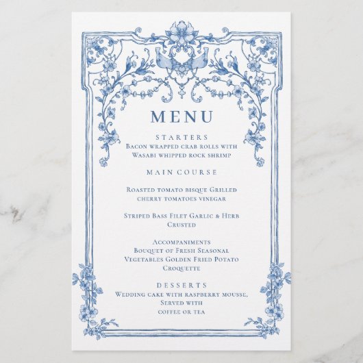 Blauw Victoriaans Grace Bruiloft Diner Menu (Voorkant)