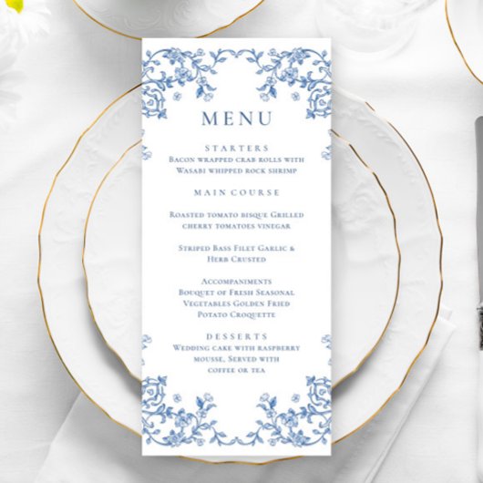 Blauw Victoriaans  Grace Floral bruiloft diner Menu