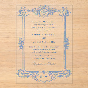 Blauw Victoriaans  Grace Floral Lijst Bruiloft Acryl Uitnodigingen