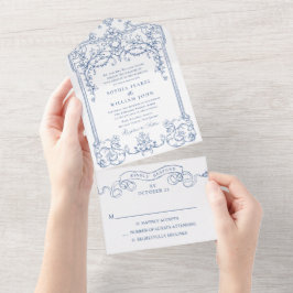 Blauw Victoriaans  Grace Floral Lijst Bruiloft All In One Uitnodiging