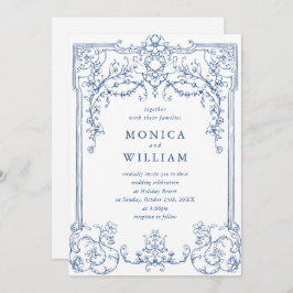 Blauw Victoriaans  Grace Floral Lijst Bruiloft Kaart